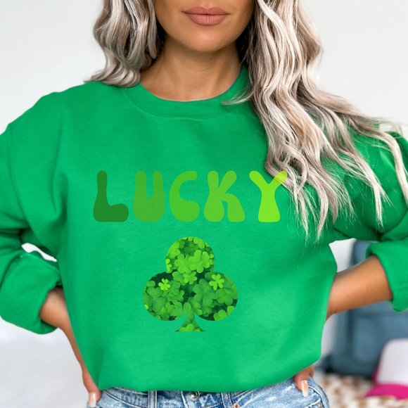 Shamrock Lucky Saint Patric's Day College Sweatshirt Green Sweater Clover - Picture 1 of 11